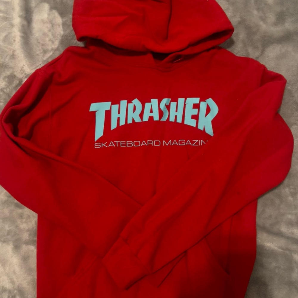 Thrasher Red Hoodie with blue writing